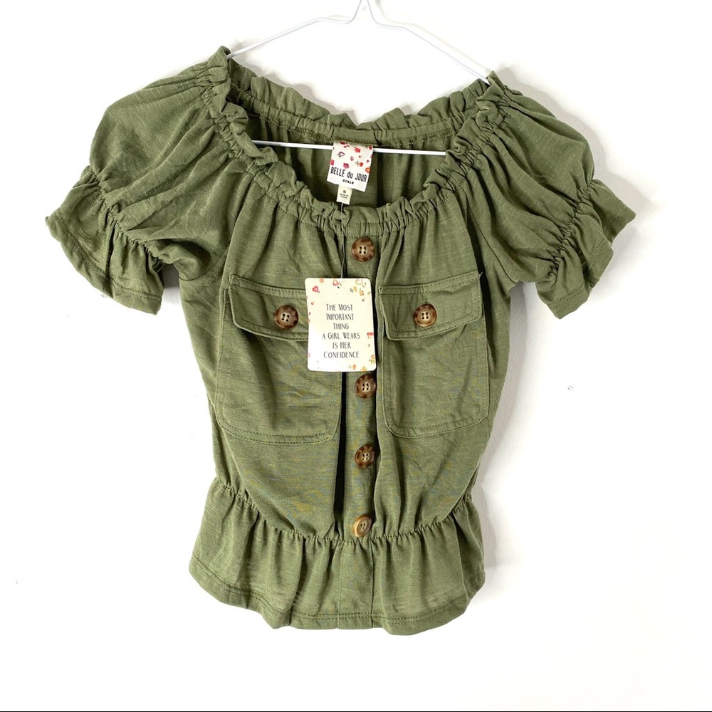 Belle Du Jour Olive Green Ruffle Button Front Pocket Top NWT Stretch Blouse